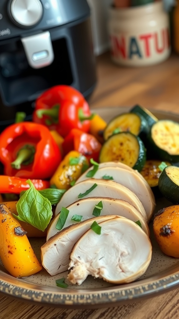 A single serving of air fryer chicken with roasted bell peppers and zucchini on a rustic plate.
